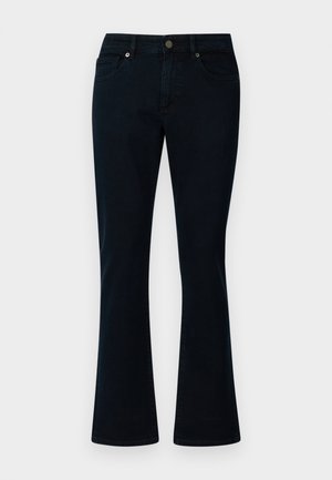 Tumed sinine denimitest flared teksad viie taskuga, esiklahendusnööp ja heledate õmblustega. Sile tekstuur, keskmise kõrgusega disain.