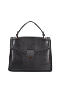 Sac à main noir texturé avec une forme structurée, doté d'une poignée supérieure et d'un fermoir carré. Le matériau présente un motif en relief subtil.