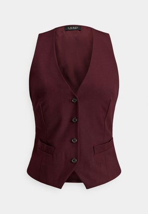 Burgundy vest with a V-neck, five black buttons, two front pockets, and textured fabric. Tailored fit with a slight flare at the waist.