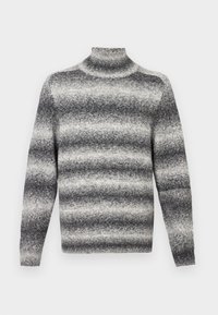 Szary i biały sweter w paski z golfem, z prążkowanym dekoltem, oferujący miękką teksturę i standardowe długie rękawy.