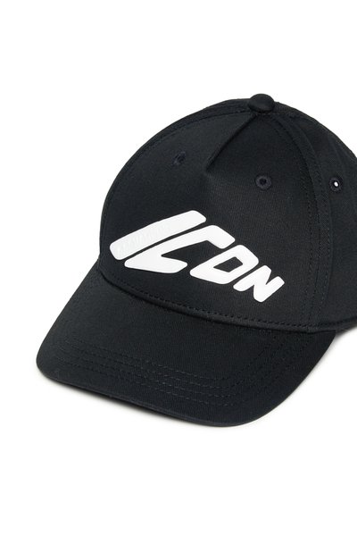Black cap made of durable fabric featuring a white logo. The design includes a curved visor and is structured with a rounded crown.