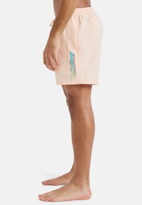 Bañador de color rosa claro con cinturilla elástica y cordón. Presenta un colorido logo de "Quiksilver" en el lado izquierdo. Material ligero.