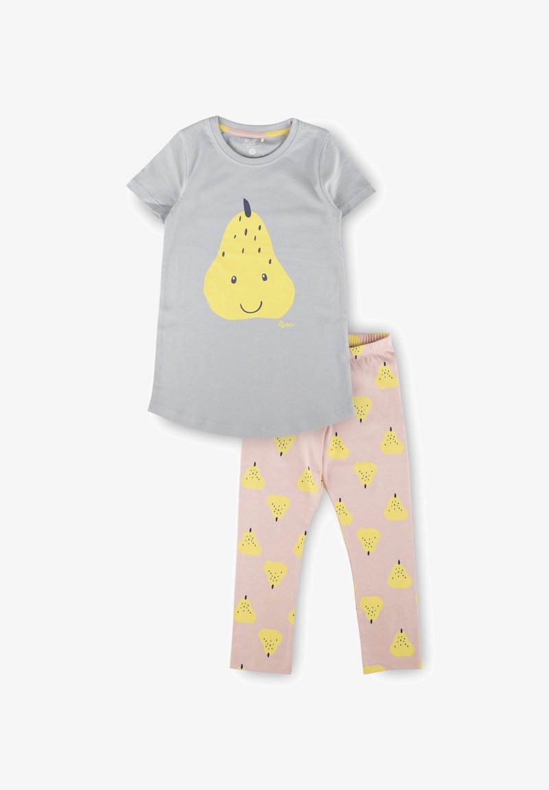 Zweiteiliges Kinderoutfit mit einem grauen T-Shirt, das ein gelbes Birnenmotiv zeigt, und einer pinken Leggings mit gelben Birnenmustern.