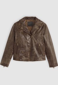 Brown leather motorcycle jacket with a textured finish, featuring an off-center zipper, multiple zippered pockets, and snap details.