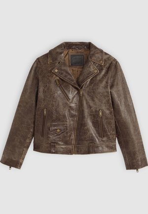 Brown leather motorcycle jacket with a textured finish, featuring an off-center zipper, multiple zippered pockets, and snap details.