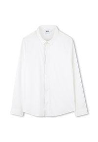 Camicia bianca a maniche lunghe realizzata in tessuto liscio. Presenta un colletto classico, una patta frontale e un orlo leggermente curvo. Etichetta con logo sul collo.