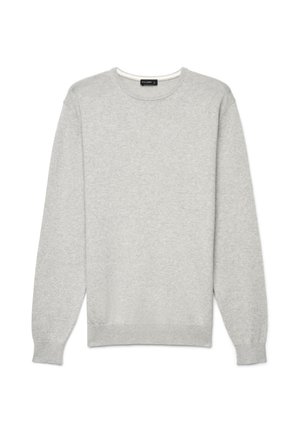Pull gris clair à manches longues avec col rond, poignets et ourlet côtelés, posé à plat sur un fond blanc.