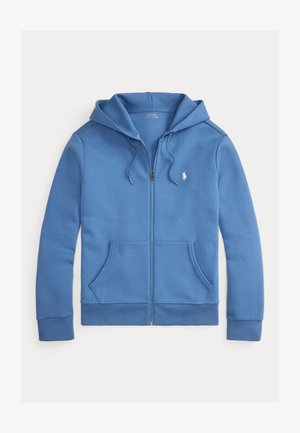 Modra majica s kapuco z zadrgo, narejena iz mehke tkanine, z kapuco, sprednjimi žepi in majhnim logotipom na levi strani prsnega koša. Gladek tekstura in prilagojeni manšeti.