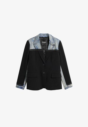 Mustmustre with denim aktsentidega; kahe nupuga kinnitamine, sälk-lapid, õmmeldud detailid ja kaks eesmist taskut. Omab kombineeritud materjale.