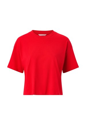 Bright red, short-sleeve cropped t-shirt with a round neckline, displayed against a white background.