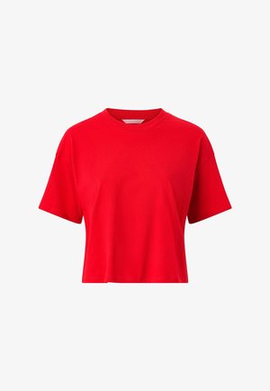Bright red, short-sleeve cropped t-shirt with a round neckline, displayed against a white background.