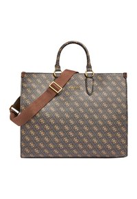 Brązowa torba na ramię Guess z wzorem logo w całym nadruku, z podwójnymi uchwytami oraz regulowanym brązowym paskiem na ramię z złotą klamrą.
