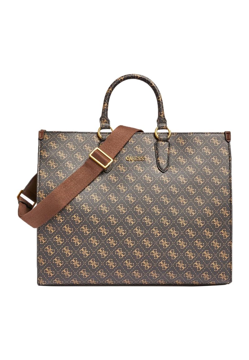 Brązowa torba na ramię Guess z wzorem logo w całym nadruku, z podwójnymi uchwytami oraz regulowanym brązowym paskiem na ramię z złotą klamrą.