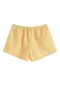 Gula rutiga shorts med elastisk midja. Tyget har ett litet rutig mönster, lätt textur och en avslappnad passform.