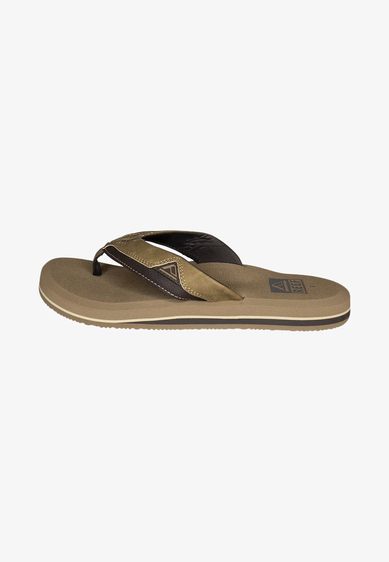 Flip-flop sandal with brown rubber sole, black and olive straps, textured footbed, and white stitching. Features a logo on the footbed.
