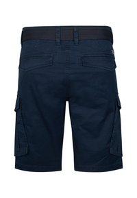 Navy cargo shorts made of cotton blend fabric. Features two side pockets, two back pockets, and an elastic waistband. Smooth texture.