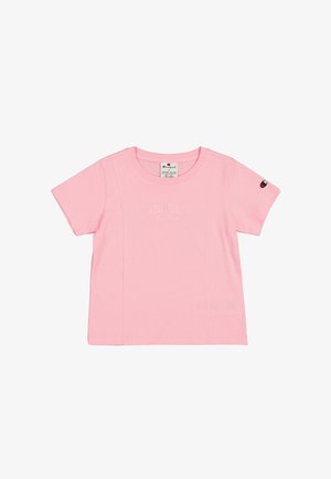 T-shirt in cotone rosa chiaro con maniche corte, scollatura rotonda, testo ricamato "NEW YORK" e logo sulla manica. Design semplice e privo di decorazioni.