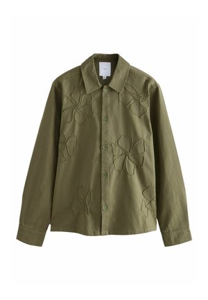 Olive green shirt with a collared neck, featuring embroidered flower patterns. Button-front design and long sleeves with cuffs.
