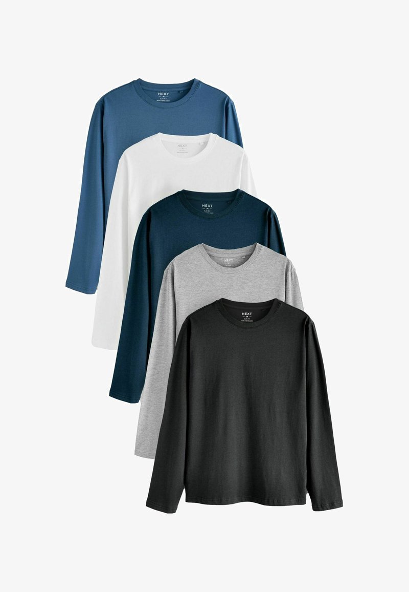 Cinci tricouri cu mânecă lungă în nuanțele bleumarin, alb, gri și negru. Realizate din bumbac moale, cu gât rotund și fără modele sau accente vizibile.