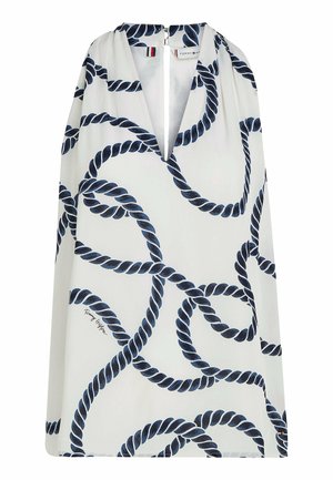 Hvid ærmeløs top med marineblåt twistet rebprint, V-hals og lynlås bagpå, med Tommy Hilfiger-signatur nær kanten.