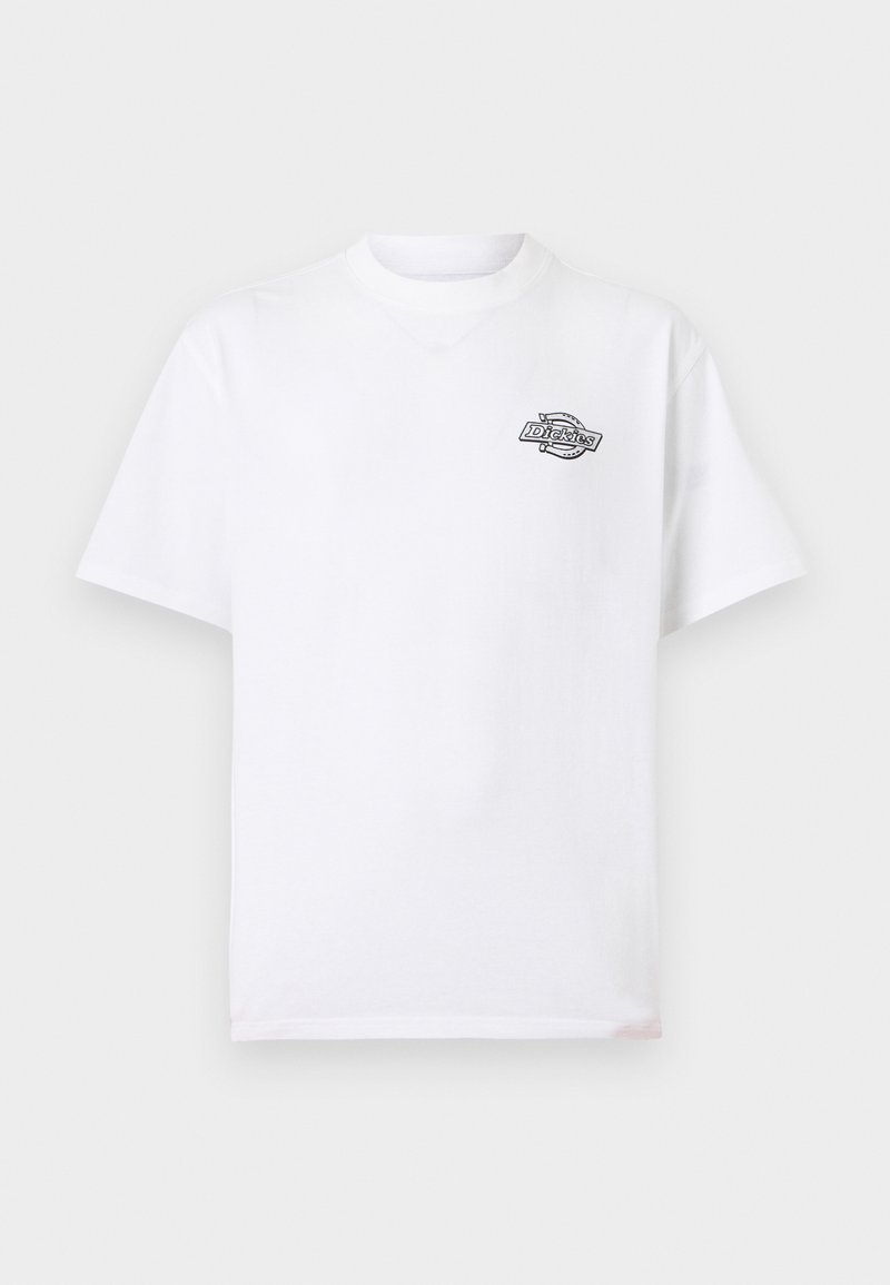 T-shirt blanc à manches courtes avec petit logo Dickies noir et blanc sur la poitrine gauche, col rond, design uni.