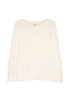 Cremfarbener Pullover mit langen Ärmeln, rundem Halsausschnitt und drei kleinen Knöpfen an jedem Bündchen.