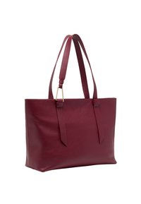 Borsa tote in pelle bordeaux con una superficie liscia, forma rettangolare, doppio manico e dettagli in metallo dorato.