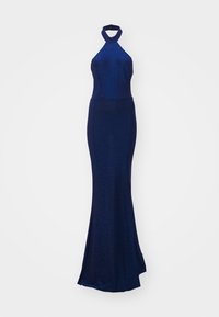 Mornarsko modra halter obleka, tesno prilegajoč zgornji del, razširjen krilo, izdelana iz teksturirane, svetleče tkanine. Ima eleganten kroj in odprt hrbet.