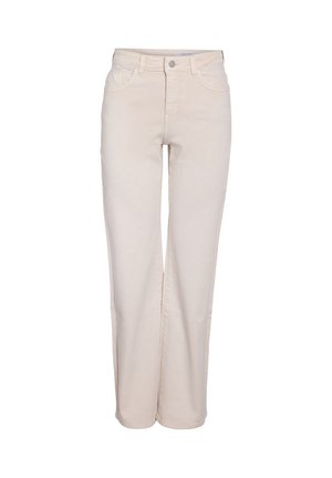 Pantalon droit couleur crème avec poches avant, passants pour ceinture et fermeture à bouton et zip, présenté sur un fond blanc.
