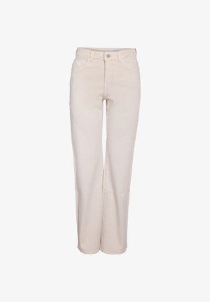 Kermanväriset suoralahkeiset housut, joissa on etutaskut, vyölenkit sekä nappi- ja vetoketjusuljenta, valkoista taustaa vasten esitettyinä.