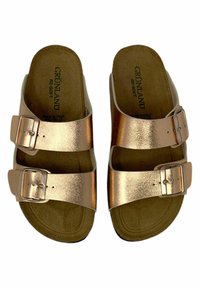 Sandali slide color oro rosa con due cinturini regolabili e fibbie metalliche, dotati di una soletta imbottita e una superficie superiore liscia.