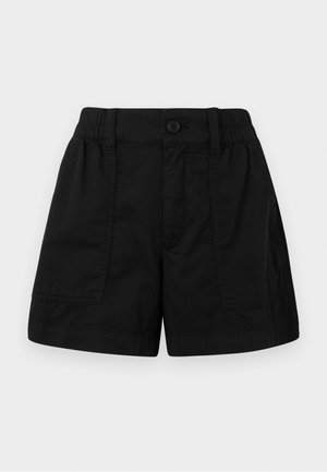Pantaloni shorts neri in cotone con vita elastica e chiusura con bottone, dotati di due tasche anteriori e taglio diritto. Texture liscia.