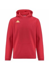 Felpa con cappuccio rossa realizzata in tessuto morbido, dotata di tasca a marsupio frontale. Presenta un logo Kappa dorato sul petto e polsini a coste.