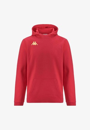 Felpa con cappuccio rossa realizzata in tessuto morbido, dotata di tasca a marsupio frontale. Presenta un logo Kappa dorato sul petto e polsini a coste.