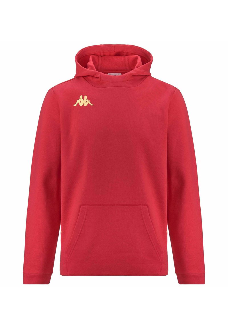 Felpa con cappuccio rossa realizzata in tessuto morbido, dotata di tasca a marsupio frontale. Presenta un logo Kappa dorato sul petto e polsini a coste.