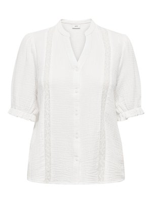 Biała teksturowana bluzka z krótkimi bufkami, pionowymi koronkowymi paskami, zapinana na guziki z przodu i z kołnierzykiem typu band collar.