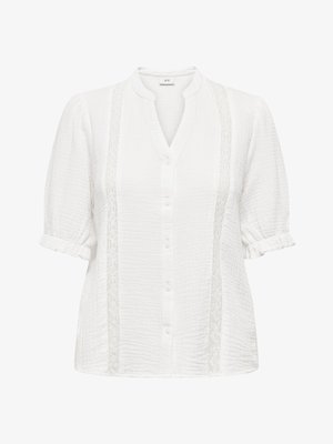 Biała teksturowana bluzka z krótkimi bufkami, pionowymi koronkowymi paskami, zapinana na guziki z przodu i z kołnierzykiem typu band collar.