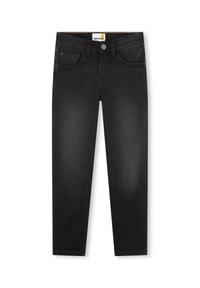 Jeans in denim nero con una vestibilità slim, tasche frontali e dettagli di cucitura sottili. Presentano una chiusura con bottone e un'etichetta con il marchio sulla vita.