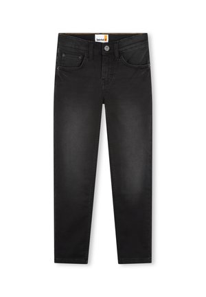 Jeans in denim nero con una vestibilità slim, tasche frontali e dettagli di cucitura sottili. Presentano una chiusura con bottone e un'etichetta con il marchio sulla vita.