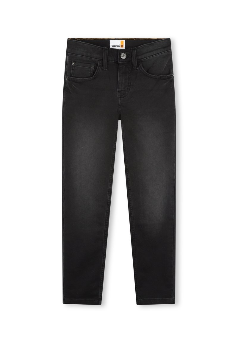 Jeans in denim nero con una vestibilità slim, tasche frontali e dettagli di cucitura sottili. Presentano una chiusura con bottone e un'etichetta con il marchio sulla vita.