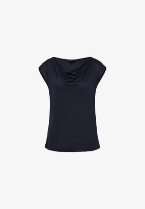 Top blu navy a maniche corte con scollatura drappeggiata, realizzato in un tessuto liscio. Presenta una vestibilità comoda e un design semplice senza decorazioni.
