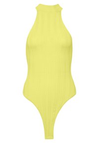 Body jaune côtelé avec un col montant et un design sans manches, présentant une silhouette moulante et un bas style string.