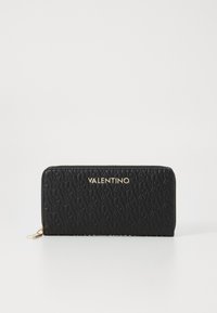 Black wallet made of textured material, featuring a zip closure, embossed pattern, and gold "VALENTINO" logo on the front.