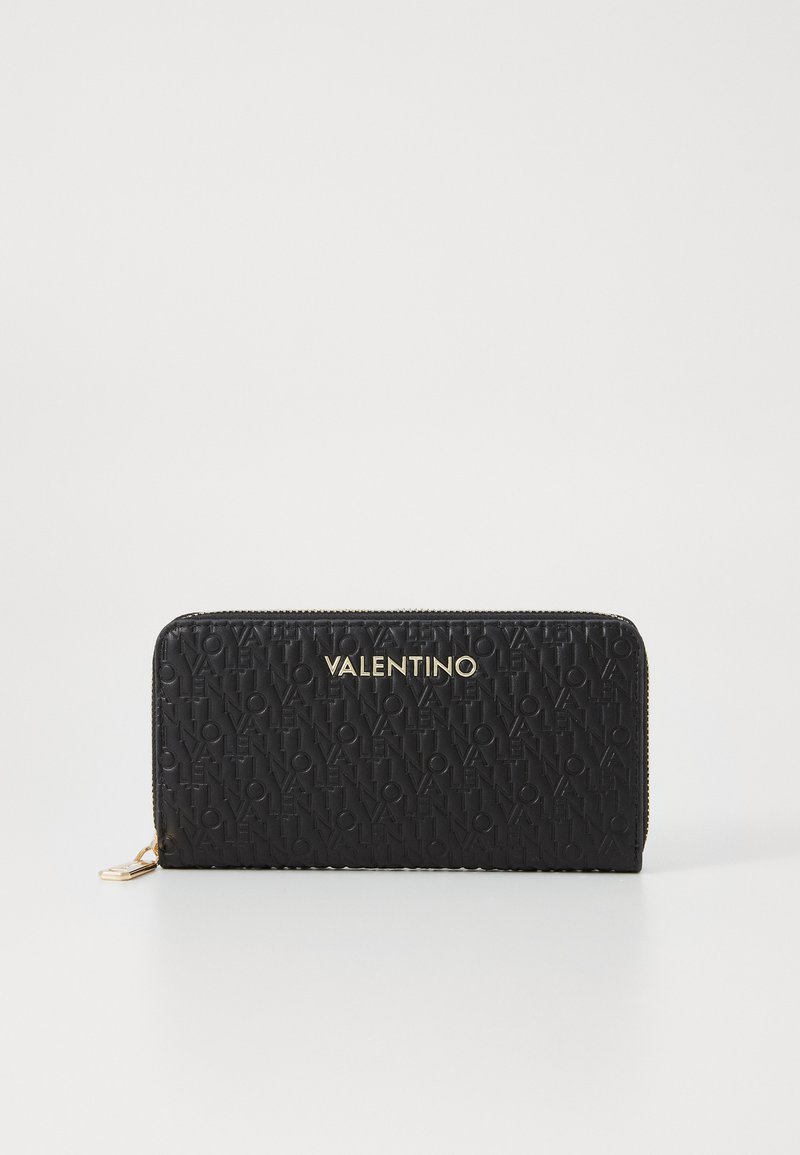 Black wallet made of textured material, featuring a zip closure, embossed pattern, and gold "VALENTINO" logo on the front.