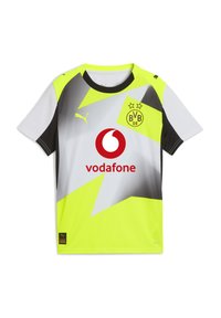 Camisa de fútbol de manga corta en amarillo y gris con acentos en negro. Presenta un cuello redondo, el logo de Puma y un logo central del patrocinador Vodafone.
