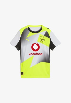 Gul och grå kortärmad fotbollströja med svarta detaljer. Har en rund halsringning, Puma-logotyp och en central Vodafone-sponsorlogotyp.