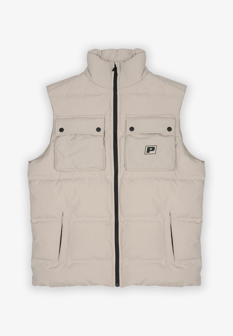 Beige padded vest with high collar, black zipper, two front flap pockets, and logo detail on chest. Smooth exterior, quilted texture.