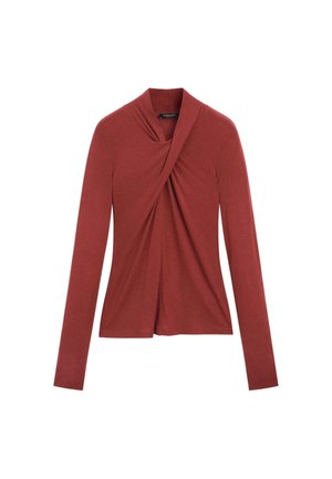  Langarmshirt in rostrot mit drapierter Vorderseite und Überkreuz-Effekt, aus weichem, elastischem Stoff. Sanfte Textur.