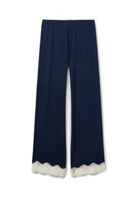 Navyblauwe wijde broek gemaakt van zachte stof, met een scalloped kanten rand in het wit aan de zoom voor extra detail. Inclusief elastische tailleband.