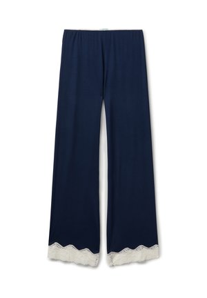 Pantalones de pierna ancha en azul marino, confeccionados en una tela suave, con un dobladillo adornado con encaje blanco con borde en forma de olas para darle un toque especial. Cintura elástica incluida.